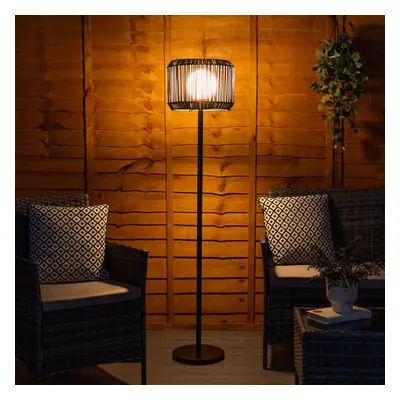 ValueLights Grey Rattan Drum Shade Solar Powered Outdoor Floor Lamp