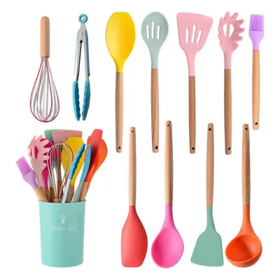 (multicolor, 12pcs (with storage bucket )) Non-stick Silicone Kitchenware Cooking Utensils Set C