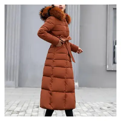 (orange, L) New Winter Jacket Women&apos;s Warm Fashion Bow Belt Fox Fur Collar Coat Long Dress 