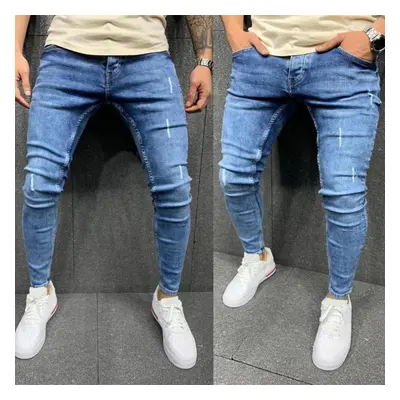 (blue, 3XL) Quality Men&apos;s Frayed Calf Stretch Jeans Skinny Jeans Men&apos;s Fashion Casual 