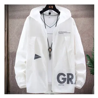 (WHITE, XXL) New Summer UV Protection White Skin Coats Men Fashion Letter Print Hooded Casual Th