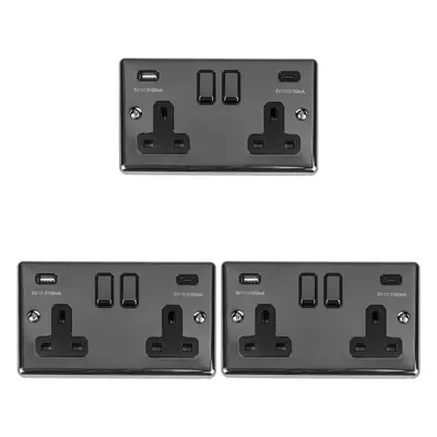 3 PACK Gang Double UK Plug Socket & Dual 3.1A USB-C BLACK NICKEL 13A Switched