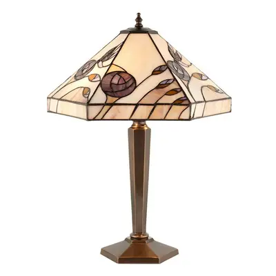 Tiffany Glass Table Lamp Light Antique Patina Bronze & Rose Hex Shade i00183