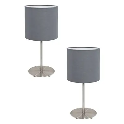 2 PACK Table Desk Lamp Colour Satin Nickel Steel Shade Grey Fabric E27 1x60W