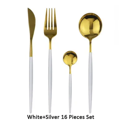 (white,gold, 16pcs) 16pcs Black Cutlery Set 18/0 Stainless Steel Dinnerware Set Kitchen Gold Tab