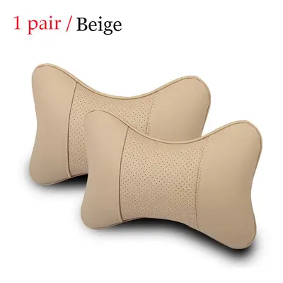 (pu-Beige pair) Pair Luxury Linen Material Car Headrest Pillow Unisex Breathable Auto