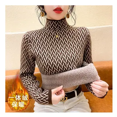 (Chocolate, XXXL) Fleece Sweater Bottoming Shirt Female Autumn Winter Thick Interior Lapping Hal