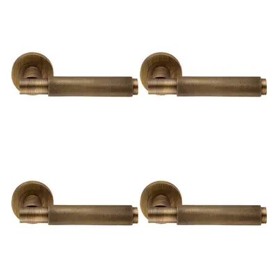 4x PAIR Knurled Grip Round Bar Handle on Round Rose Concealed Fix Antique Brass