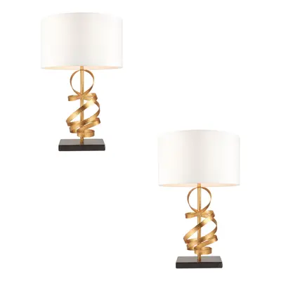 2 PACK Hammered Gold Ribbon Table Lamp Light & Ivory Shade - Black Marble Base