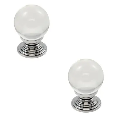 2x Crystal Ball Cupboard Door Knob 30mm Diameter Clear Translucent & Chrome