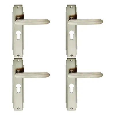 4x PAIR Line Detailed Handle on Euro Lock Backplate x 45mm Satin Nickel