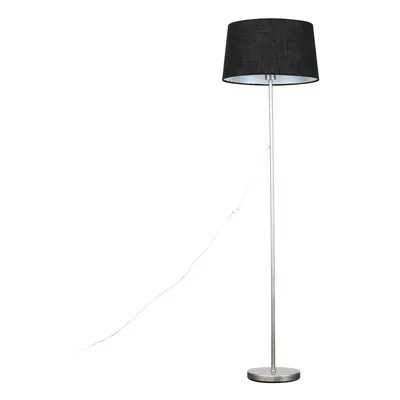 Modern Standard Floor Lamp in a Brushed Chrome Metal Finish with a Black Faux Linen Tapered Shad