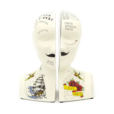 Novelty Ceramic Phrenology Bookends | Vintage Tattoo Head Book End Set | Statue Bust Book Stoppe