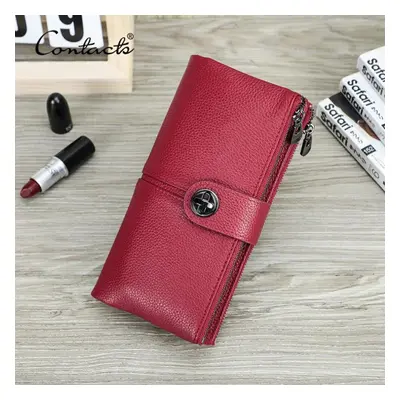 (red) Genuine Leather Women Long Wallet With Zipper Phone Pocket Money Bag With Airtag Slot Fema