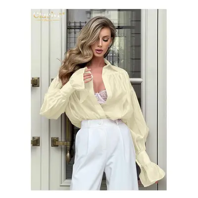 (Yellow, S) Clacive Fashion Loose Pink Office Women's Blouse Elegant Lapel Long Sleeve Shirt Cas