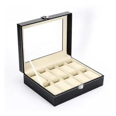 (black, Ten squares) Watch Box 10/20/24 Slots Mens Case Glass Top Black And Gray Display Organiz