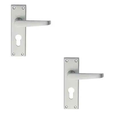 2x PAIR Straight Victorian Handle on Euro Lock Backplate x 43mm Satin Chrome