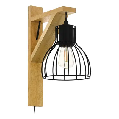 LED Wall Light / Sconce Natural Wood & Black Wire Hangman x 40W E27 Bulb