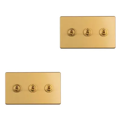 2 PACK Gang Triple Retro Toggle Light Switch SCREWLESS SATIN BRASS 10A Way