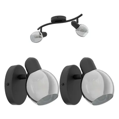 Twin Ceiling Spot Light & 2x Matching Wall Lights Black Vaporized Glass Moving