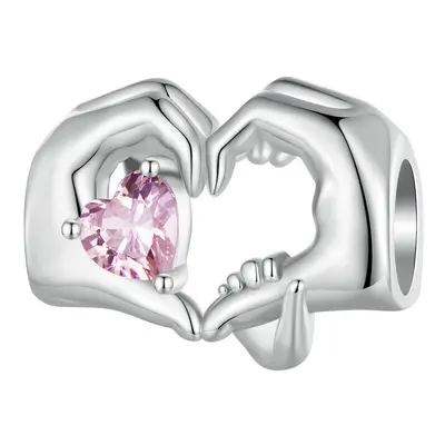 Baby Holding Mother Hand Charm Bead Love Heart With Cubic Zirconia Genuine Sterling Silver Compa