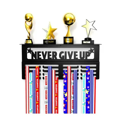 Never Give Up Medal Hanger Display with Shelf - Easy Install Carbon Steel Trophy and Medal Displ