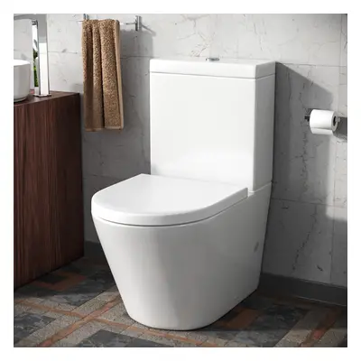 Modern Round Rimless Closed Coupled WC Toilet With Cistern And Soft Close Seat