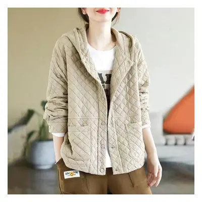 (beige, S) Autumn And Winter Ladies Literary Retro Solid Color Hooded Quilted Loose All-match Th