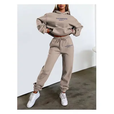 (Light brown, XXXL) Women's Letter Print Hoodie and Jogger Set Stylish Casual Fleece Loungewear 