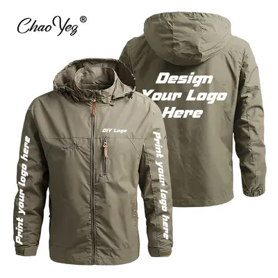 (Khaki, (EU XXL)) DIY Autumn New Men Waterproof Hooded Custom Logo Windbreaker Jacket Coat Men C