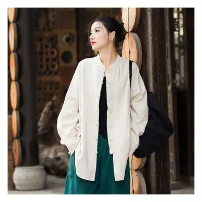 (One Size, beige) Johnature Women Chinese Style Linen Shirts Tops Stand Long Sleeve Blouses Spri