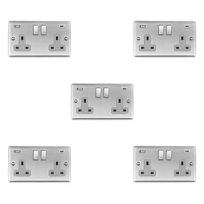 5 PACK Gang UK Plug Socket & 2x 3.1A USB-C & A SATIN STEEL & GREY 13A Switch