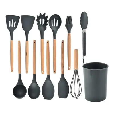 (grey, 12pcs (with storage bucket )) Non-stick Silicone Kitchenware Cooking Utensils Set Cookwar