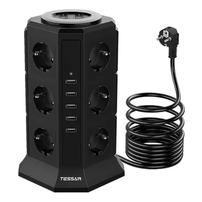 (black, Outlets & USB Ports) Tessan Multiple Socket Power Strip With 11/12 Outlets 3/5 Usb Ports