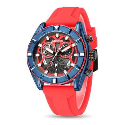 (Red) MEGIR Men&apos;s Sports Analog Chronograph Luminous Quartz Watch with Stylish Silicone Str