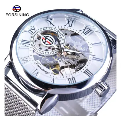 (white) Forsining Retro Fashion Design Skeleton Sport Mechanical Watch Luminous Hands Transparen