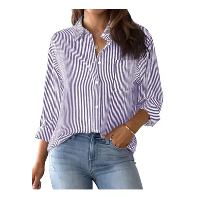 (B25SHH01517305, 4XL) Women's Shirt Blouse Pink Striped classic Print,Button Long Sleeve Casual 