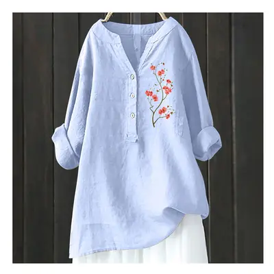 (HCY22, S) Women's Autumn Winter New Fashion Printed Button Up Shirt Long Sleeved Bamboo Linen C