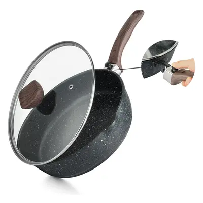 Non-stick deep frying pan with lid cm wok with removable wooden handle, granite stone coating, s