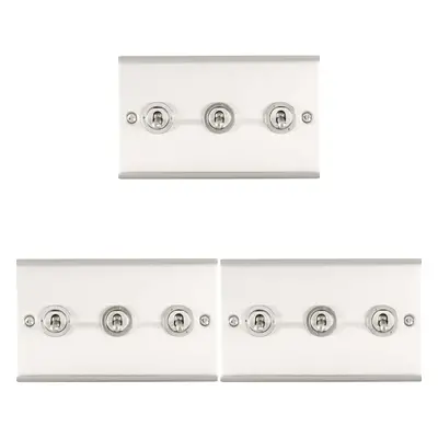 3 PACK Gang Triple Retro Toggle Light Switch SATIN STEEL 10A Way Wall Plate