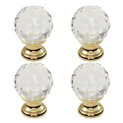 4x Faceted Crystal Cupboard Door Knob 25mm Dia Polished Brass Cabinet Handle