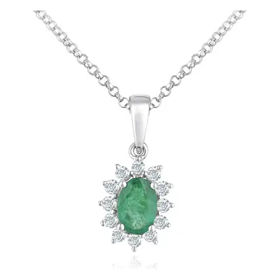 Jewelco London 18ct White Gold Round 15pts Diamond Oval 1ct Emerald Cluster Pendant Necklace inc