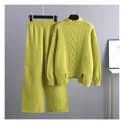 (green, OneSize) Autumn Winter Half High Collar Solid Color Twist Long Sleeve Sweater Sets For L