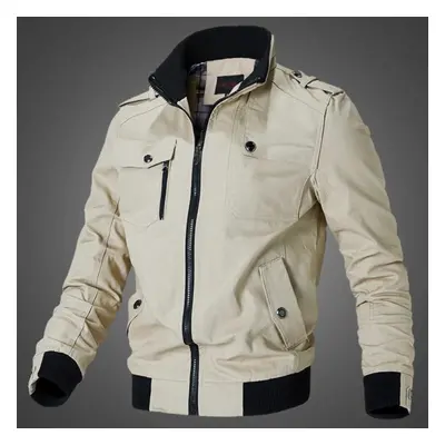 (khaki, 3XL) Spring And Autumn Men&apos;s Casual Jacket Stand Collar Jacket Men Workwear Jacket 