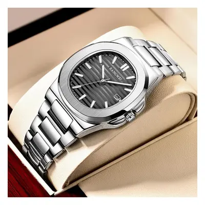 (silver,black) Lige New Men Watch Fashion Casual Square Stainless Steel Quartz Watch Sport Water