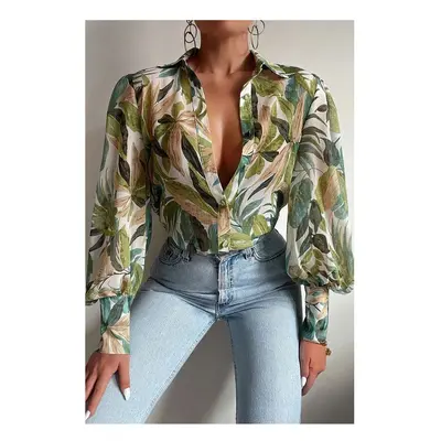 (greenery, S) Spring Long Sleeve Top New Print Retro Hong Kong Style Shirt Women Design Lantern 