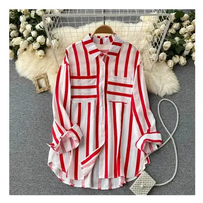 (red, XL) Spring Summer Striped Blouse Fashion Turn-down Collar Long Sleeve Button Top Casual Sh