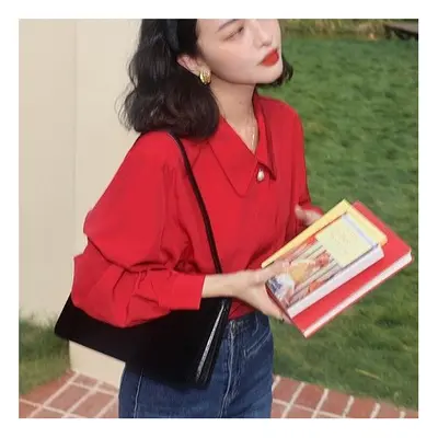 (Red, M) Women Spring Summer Elegant Temperament Solid Color Turn-down Collar Long Sleeve Shirts