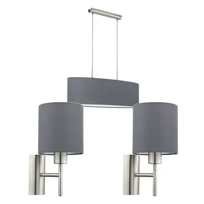 Ceiling Pendant Light & 2x Matching Wall Lights Satin Nickel Grey Fabric Linear