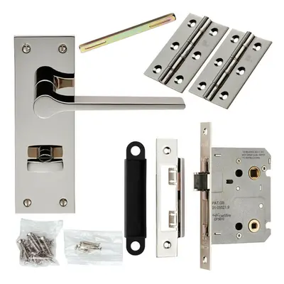 Door Handle & Bathroom Lock Pack Polished Nickel Flat Bar Lever Turn Backplate